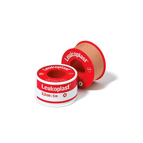 Flesh-colored Bsn Medical Leukoplast plaster roll, 2.5cm x 5m, shown on a clean white background with packaging details