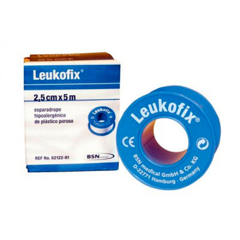 Leukofix medical tape by Bsn Medical, 5x2.5 cm, 12 units, shown on a clean surface with packaging.