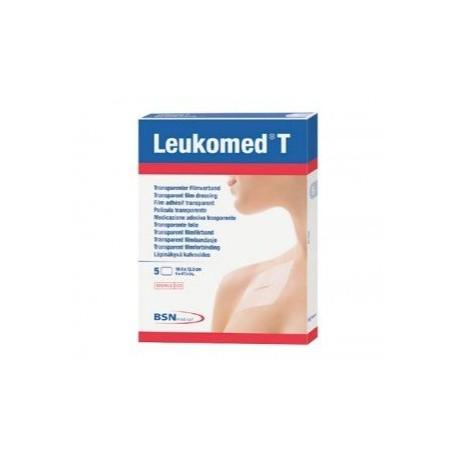Leukomed T transparent dressing 5x7.2 cm by Bsn Medical, shown on skin with five dressings in packaging.