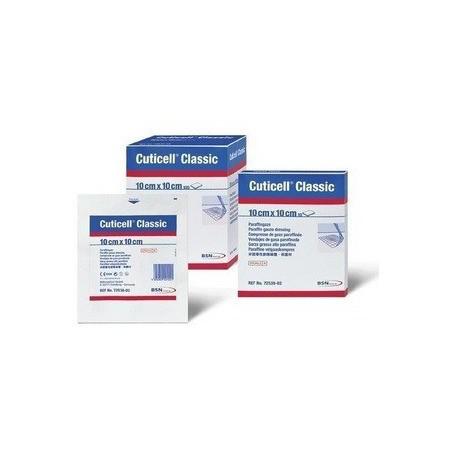 Pack of 10 Cuticell Gasa Parafinada dressings, 7.5 cm x 20 cm, by Bsn Medical, shown in sterile packaging with medical branding.