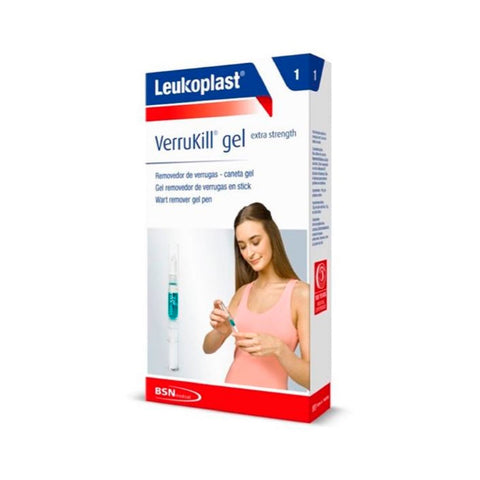 Bsn Medical Leukoplast Verrukill Gel 2ml tube with white and green packaging, used for wart treatment.