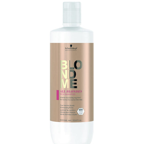 Schwarzkopf Blondme All Blondes Rich Shampoo bottle, 1000ml, with silver cap and label, designed for blonde hair care.