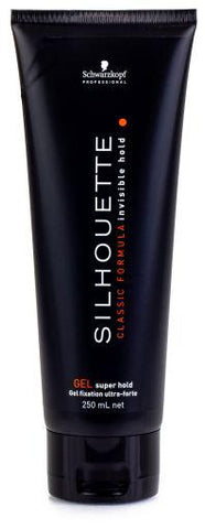 Schwarzkopf Silhouette Extra Strong Gel in 250ml jar, featuring clear packaging and black lid for firm hair styling.