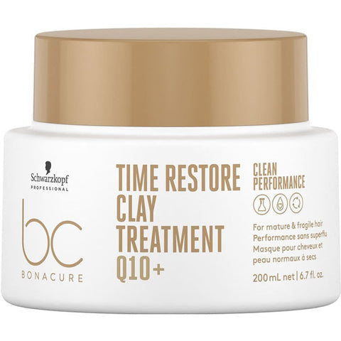 Schwarzkopf BC Bonacure Time Restore Q10 Clay Treatment 200ml bottle with product label and applicator in view