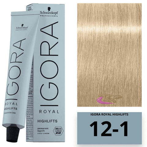 Schwarzkopf Igora Royal Highlifts Ash 12-1 hair dye tube, 60ml, with packaging featuring black and silver design