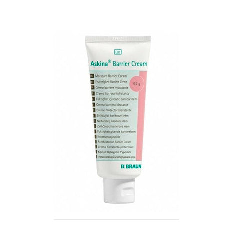 B. Braun Askina Barrier Cream tube 92g with white packaging and blue cap, designed for skin protection and skin barrier support.