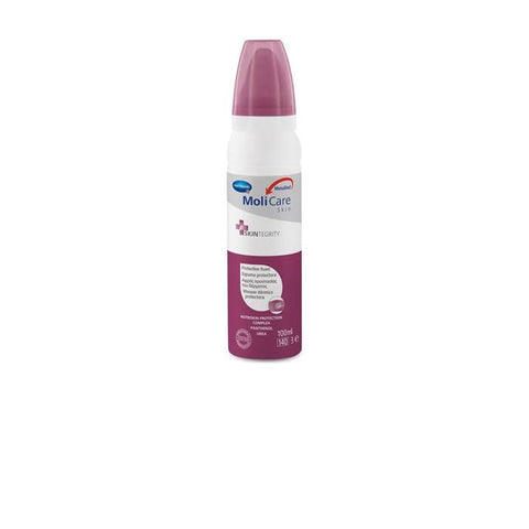 Hartmann Molicare Skin Protective Foam in 100ml bottle, skincare product with white foam and clear bottle label.