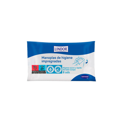 Hartmann Lindor impregnated hygiene mittens, 8 units, from Jag Couture London-New York, showing soft, absorbent hygienic mittens for personal care.