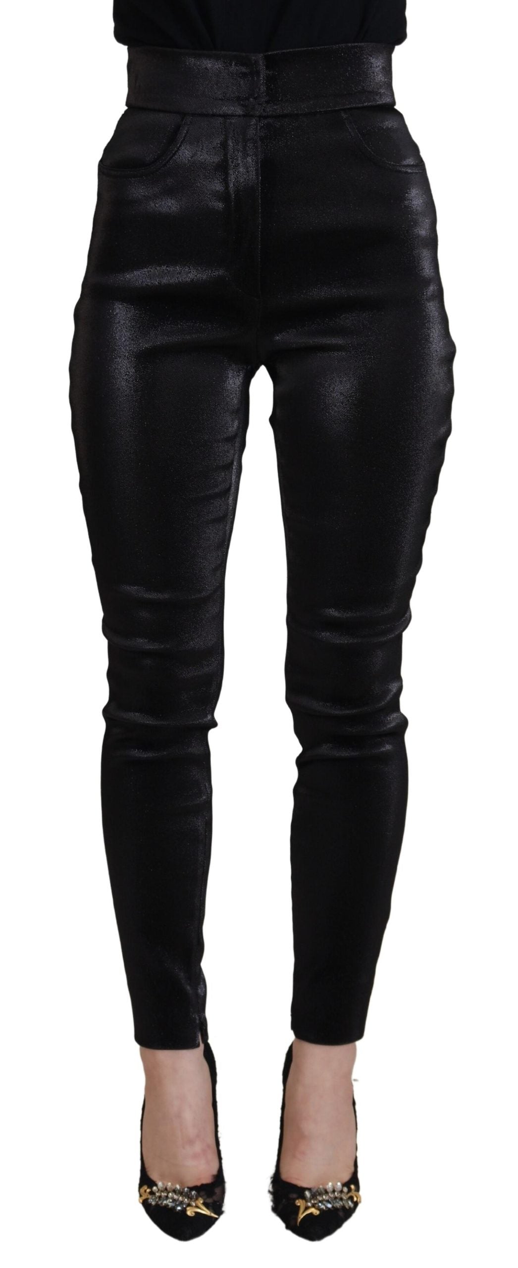 Black washed cotton skinny denim jeans by Dolce & Gabbana displayed on a model, showcasing the fitted style and classic wash.