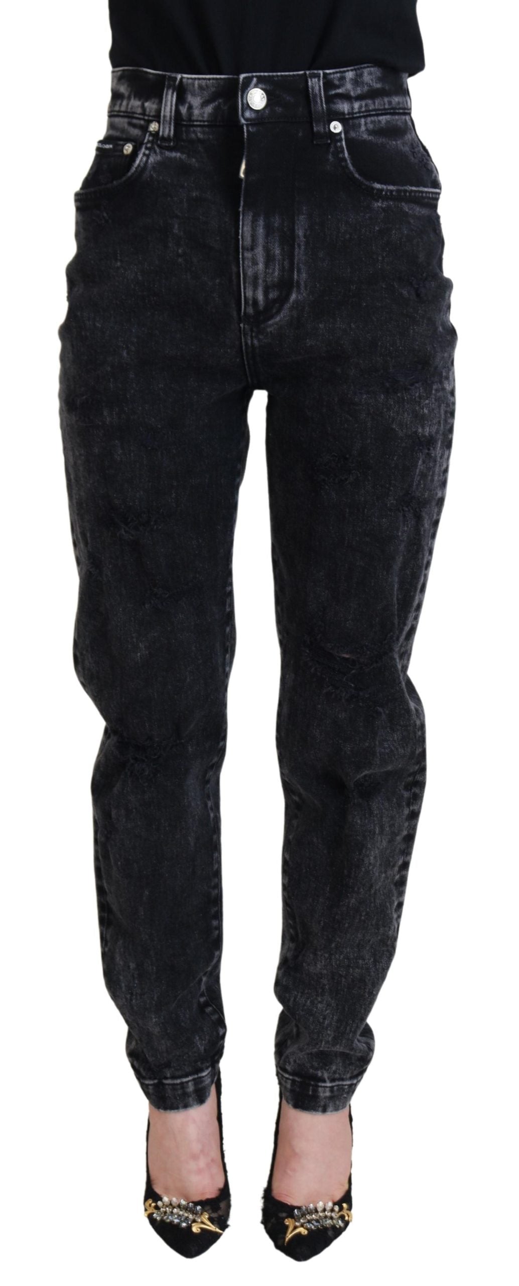 Black washed cotton high-waist denim jeans by Dolce & Gabbana, shown with a focus on the fit and fabric texture.