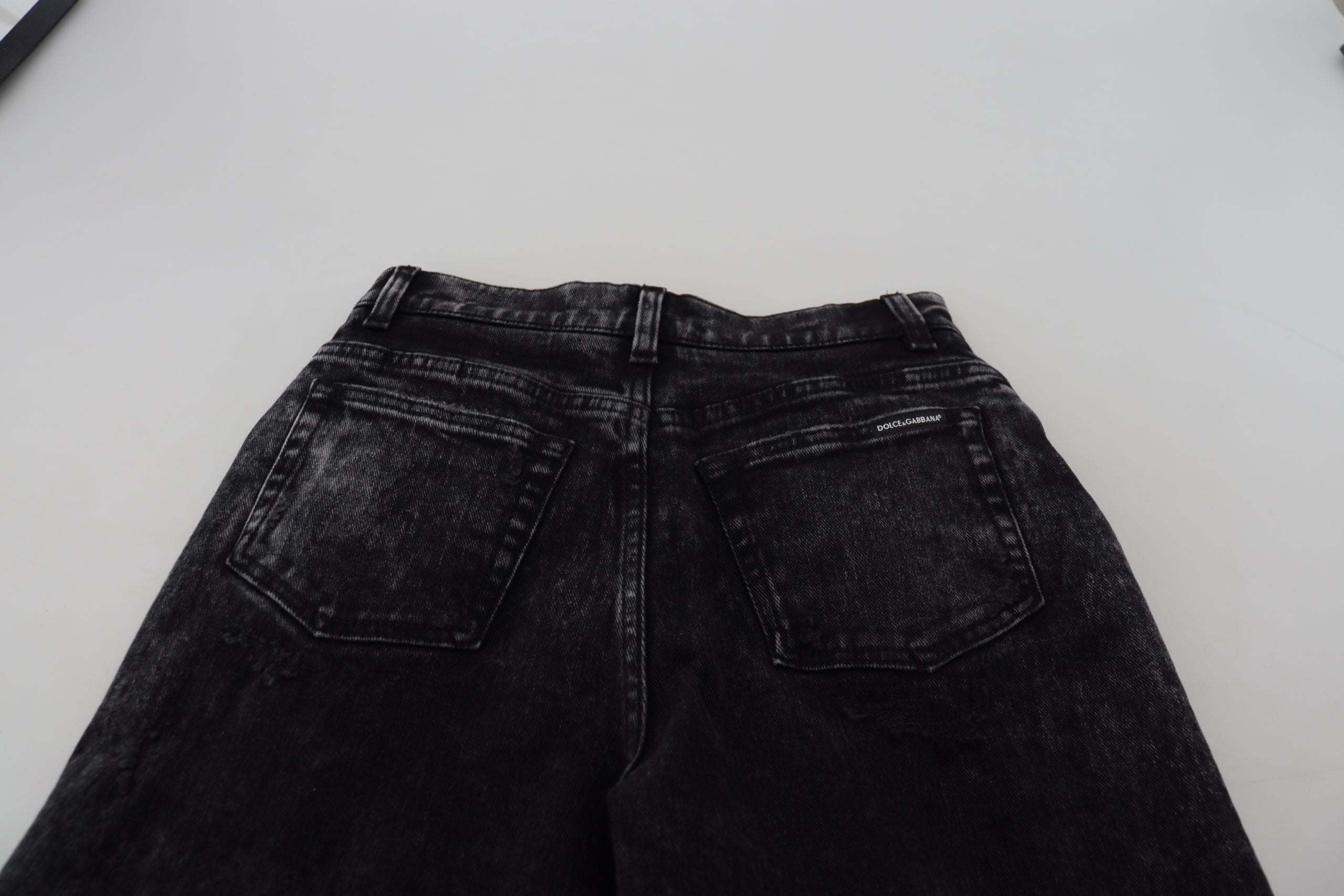 Black washed cotton high waist denim jeans by Dolce & Gabbana, featuring classic five-pocket style and a relaxed fit.