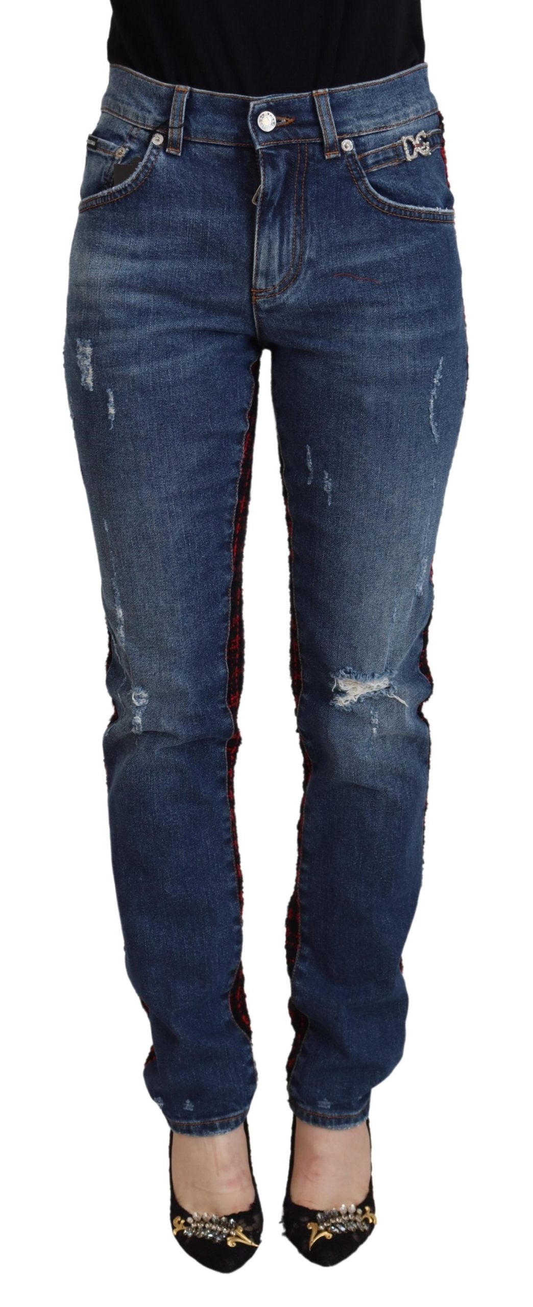Blue checkered back skinny denim jeans by Dolce & Gabbana, showcasing stylish design and fitted silhouette.