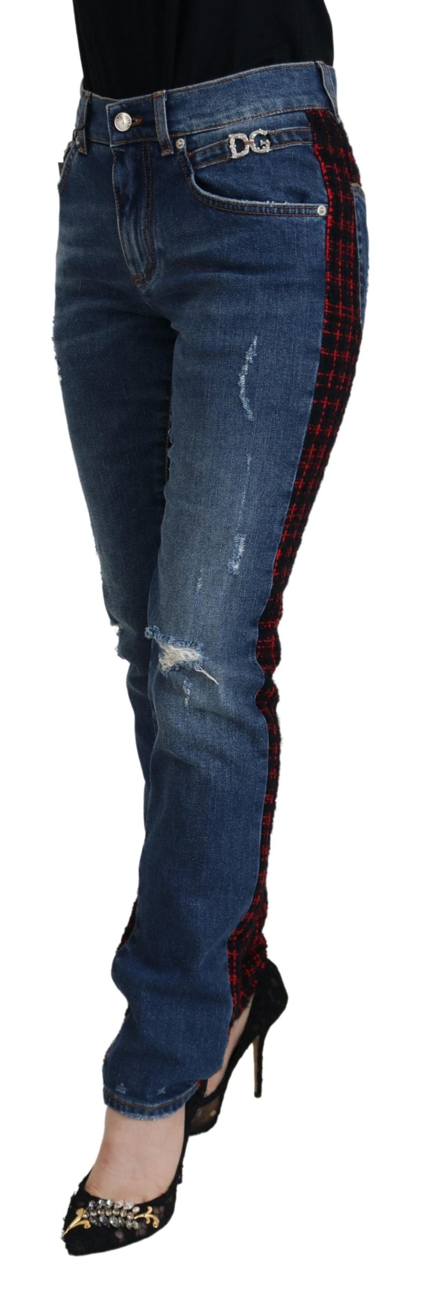 Blue checkered back skinny denim jeans by Dolce & Gabbana, showing the rear view with checkered details on the back pockets.