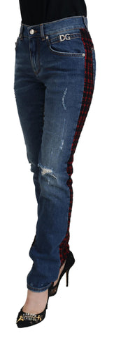 Blue checkered back skinny denim jeans by Dolce & Gabbana, showing the rear view with checkered details on the back pockets.