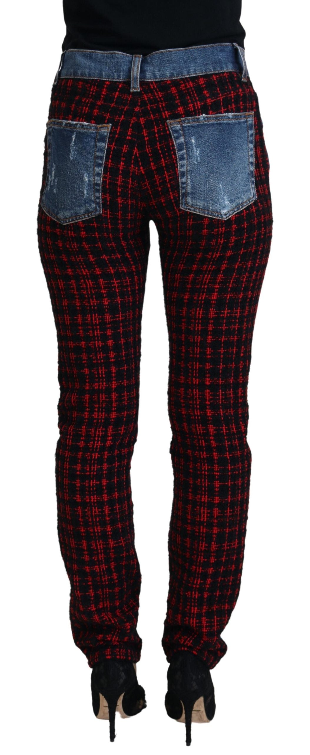 Blue checkered back skinny denim jeans by Dolce & Gabbana, featuring a fitted style and checkered design detail.