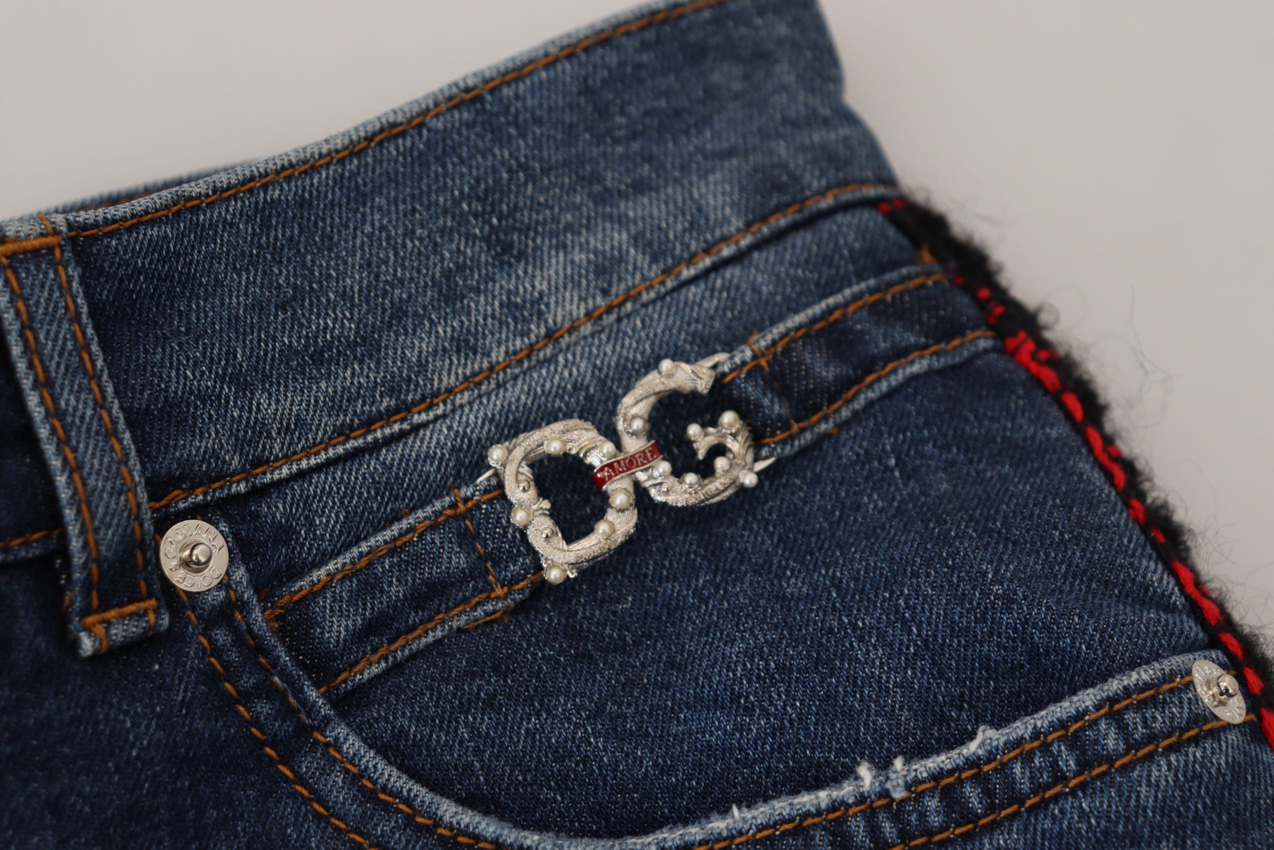 Blue checkered back skinny denim jeans by Dolce & Gabbana with a fitted style and back pockets.