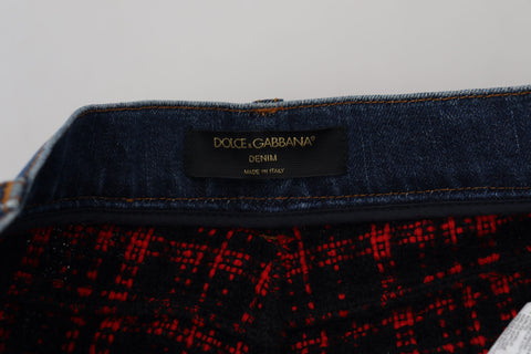 Blue checkered back skinny denim jeans by Dolce & Gabbana, featuring a fitted silhouette and stylish checkered pattern.
