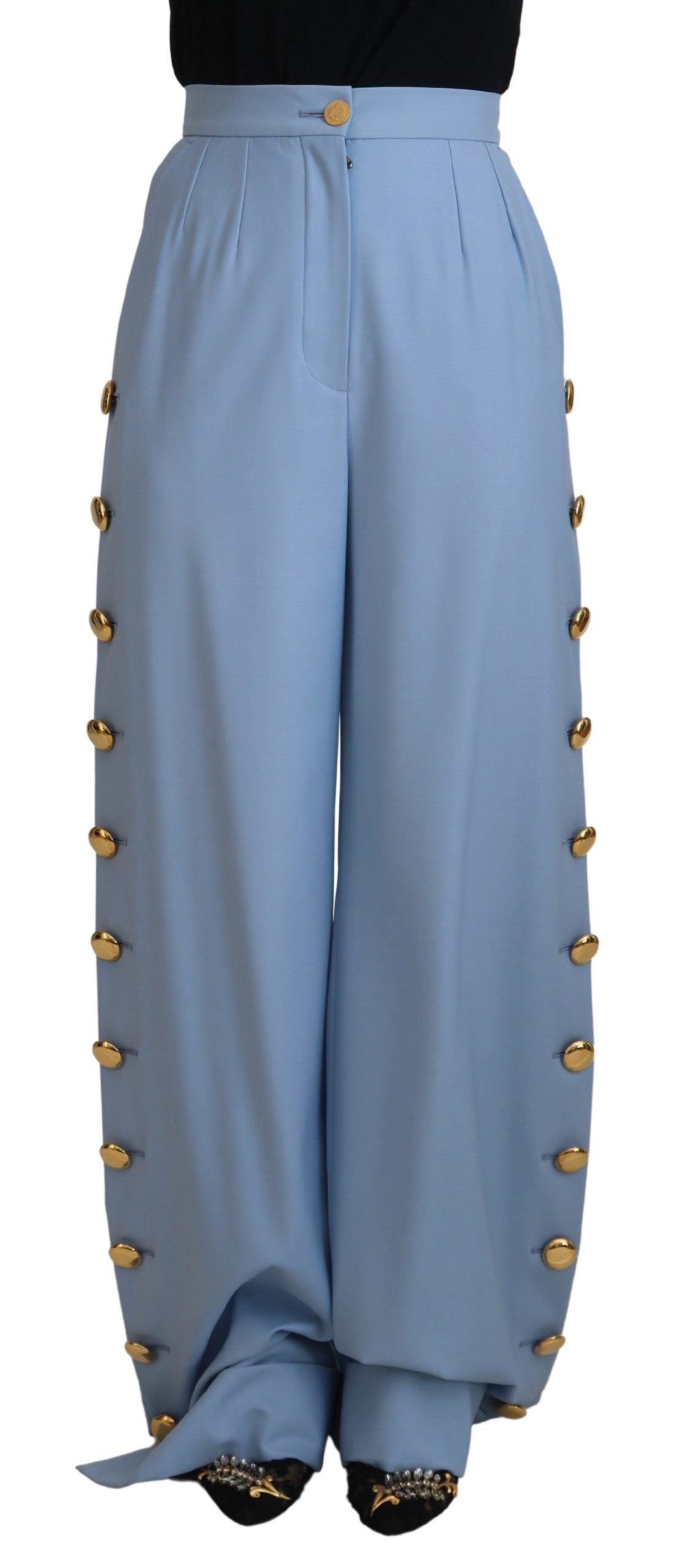 Light blue Dolce & Gabbana button-front wide-leg pants displayed on a model with a relaxed fit and high waist.