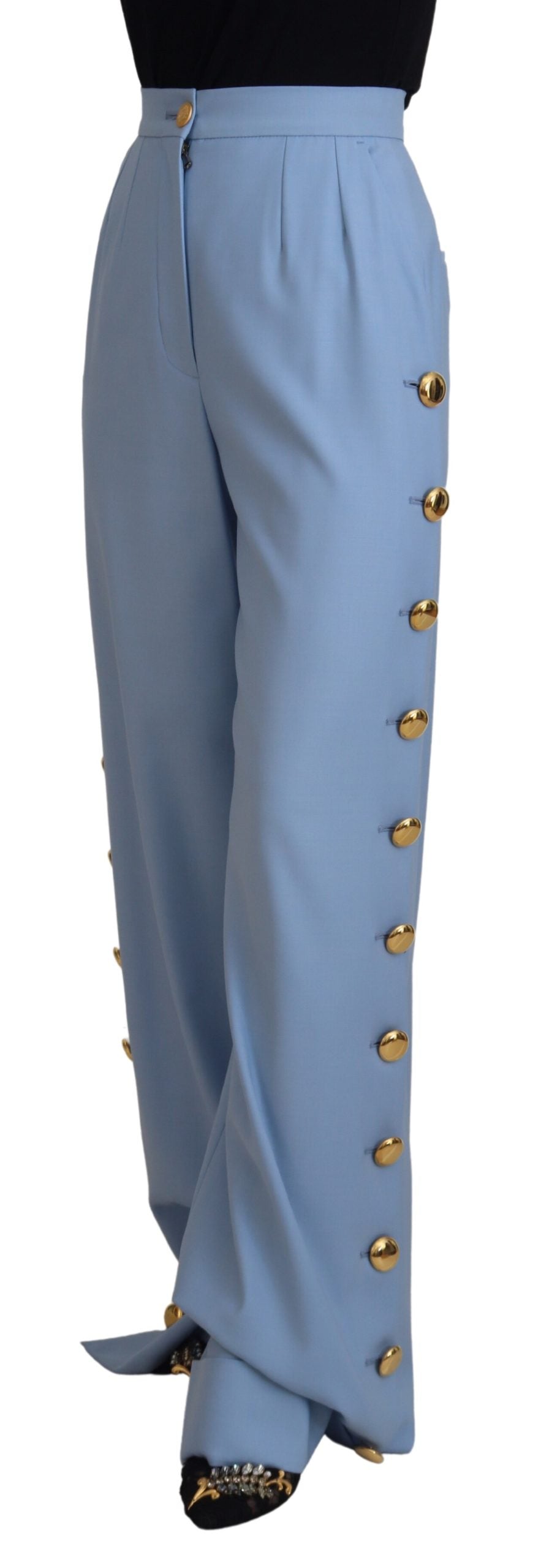 Light blue Dolce & Gabbana wide-leg pants with button details, featuring a relaxed fit and high waist.