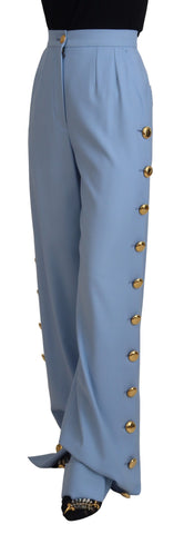 Light blue Dolce & Gabbana wide-leg pants with button details, featuring a relaxed fit and high waist.