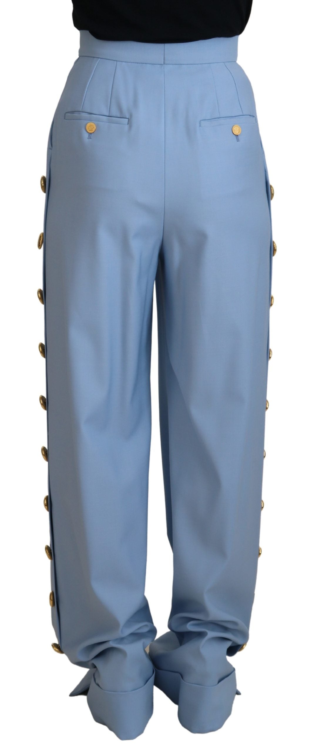 Light blue wide-leg pants with button details from Dolce & Gabbana, styled with a relaxed fit and high waist.