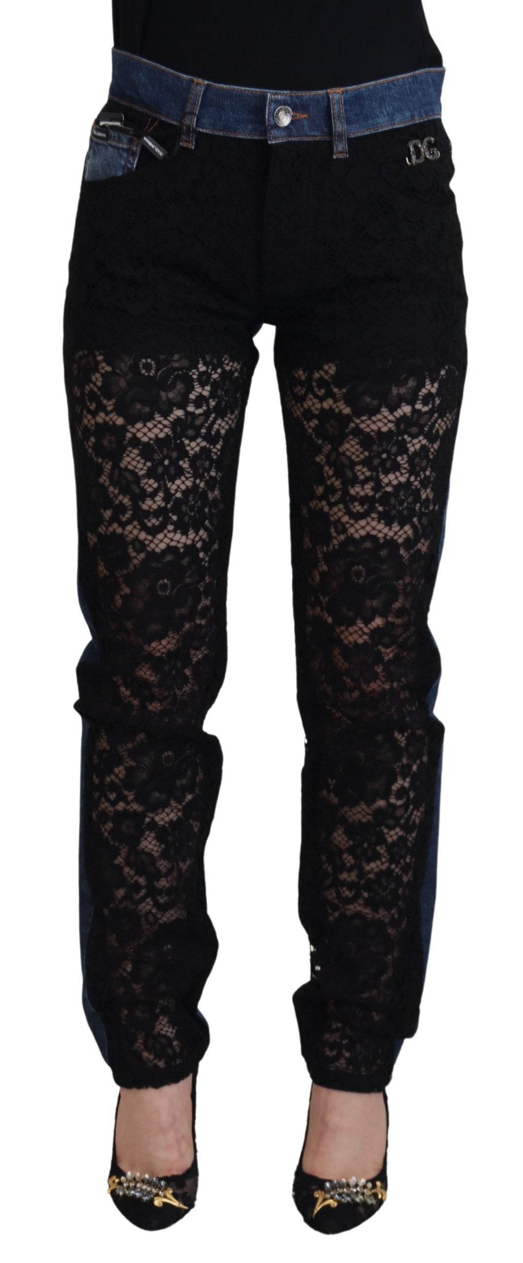 Black floral lace front skinny denim jeans by Dolce & Gabbana, featuring floral lace details and a fitted denim silhouette.