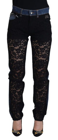 Black floral lace front skinny denim jeans by Dolce & Gabbana, featuring floral lace details and a fitted denim silhouette.
