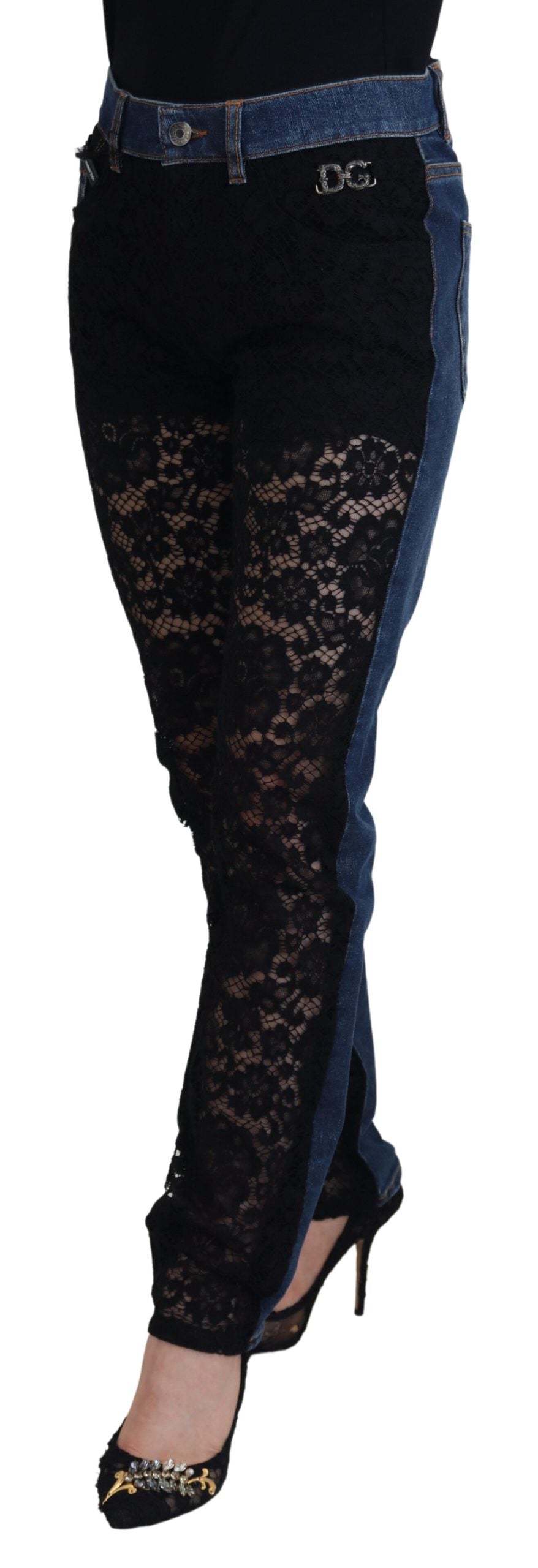 Black floral lace front skinny denim jeans by Dolce & Gabbana, showcasing lace details and a slim fit style.