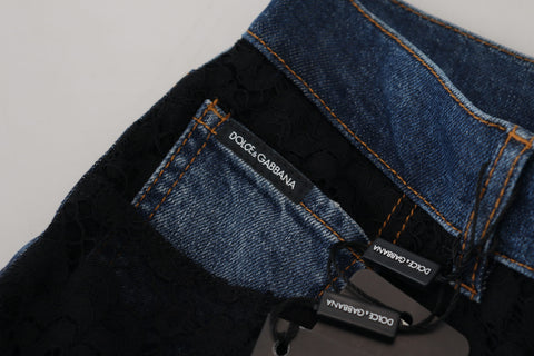 Black floral lace front skinny denim jeans by Dolce & Gabbana showing lace detail and fitted style.