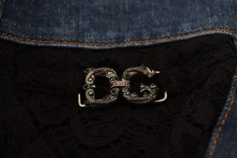 Black floral lace front skinny denim jeans by Dolce & Gabbana, featuring lace details and a fitted denim silhouette.