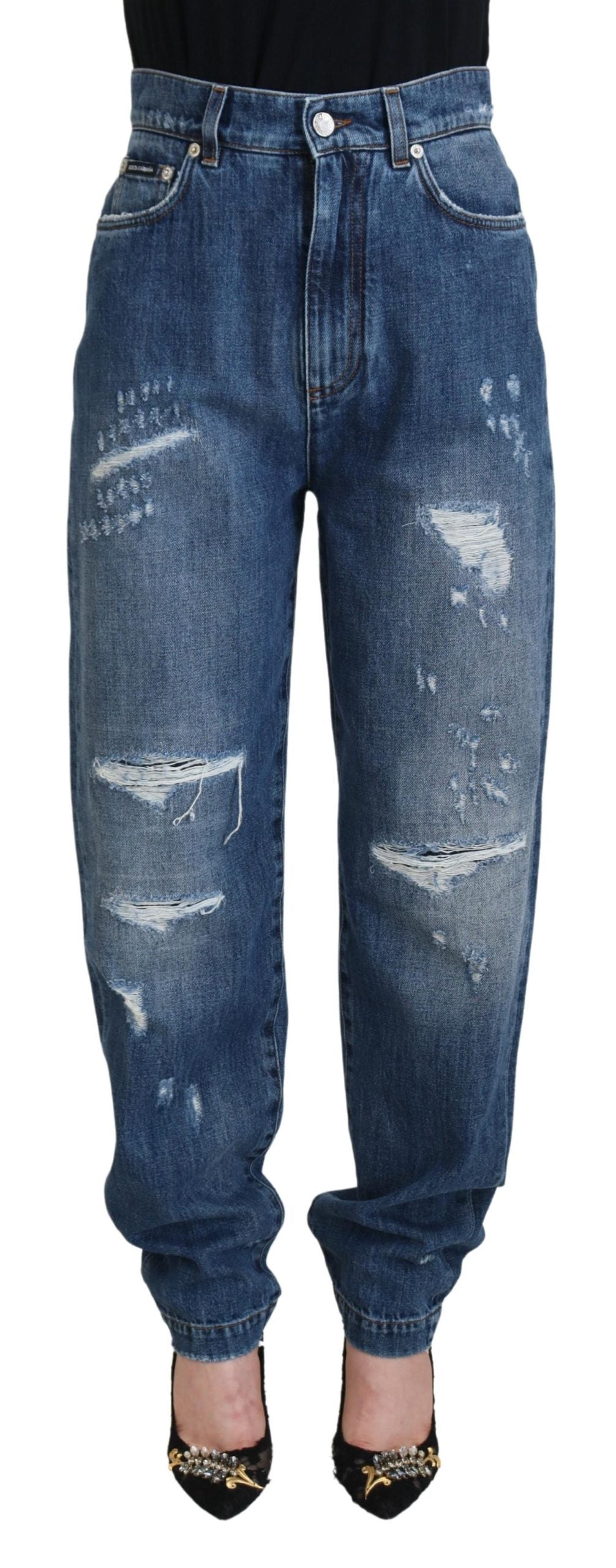 Blue washed cotton tattered denim jeans by Dolce & Gabbana with distressed details and a relaxed fit.