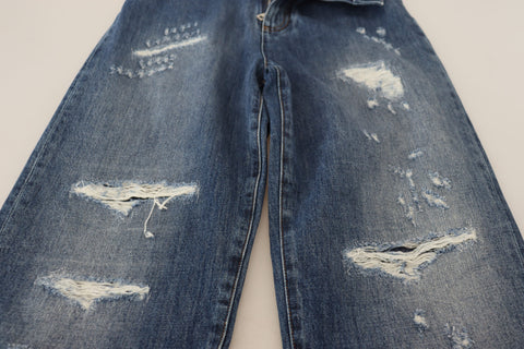Blue washed cotton tattered denim jeans by Dolce & Gabbana with distressed details and a relaxed fit.
