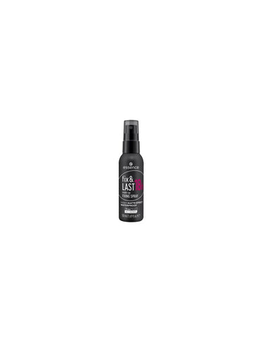 Jag Couture London New York Essence Cosmetics Fix y Last 18h spray 50ml, a transparent makeup setting spray in a sleek bottle.