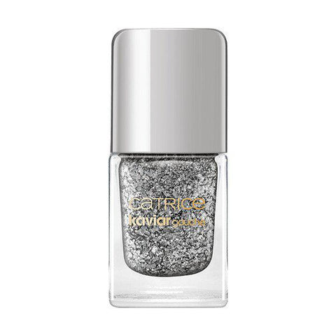 Jag Couture London nail lacquer by Catrice Kaviar Gauche in shade C02 Eternal Shine, glossy black nail polish bottle on white background.