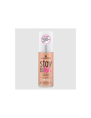 Long-lasting Essence Cosmetics Stay All Day foundation in 40-Soft Almond, 30ml bottle with a smooth liquid texture.