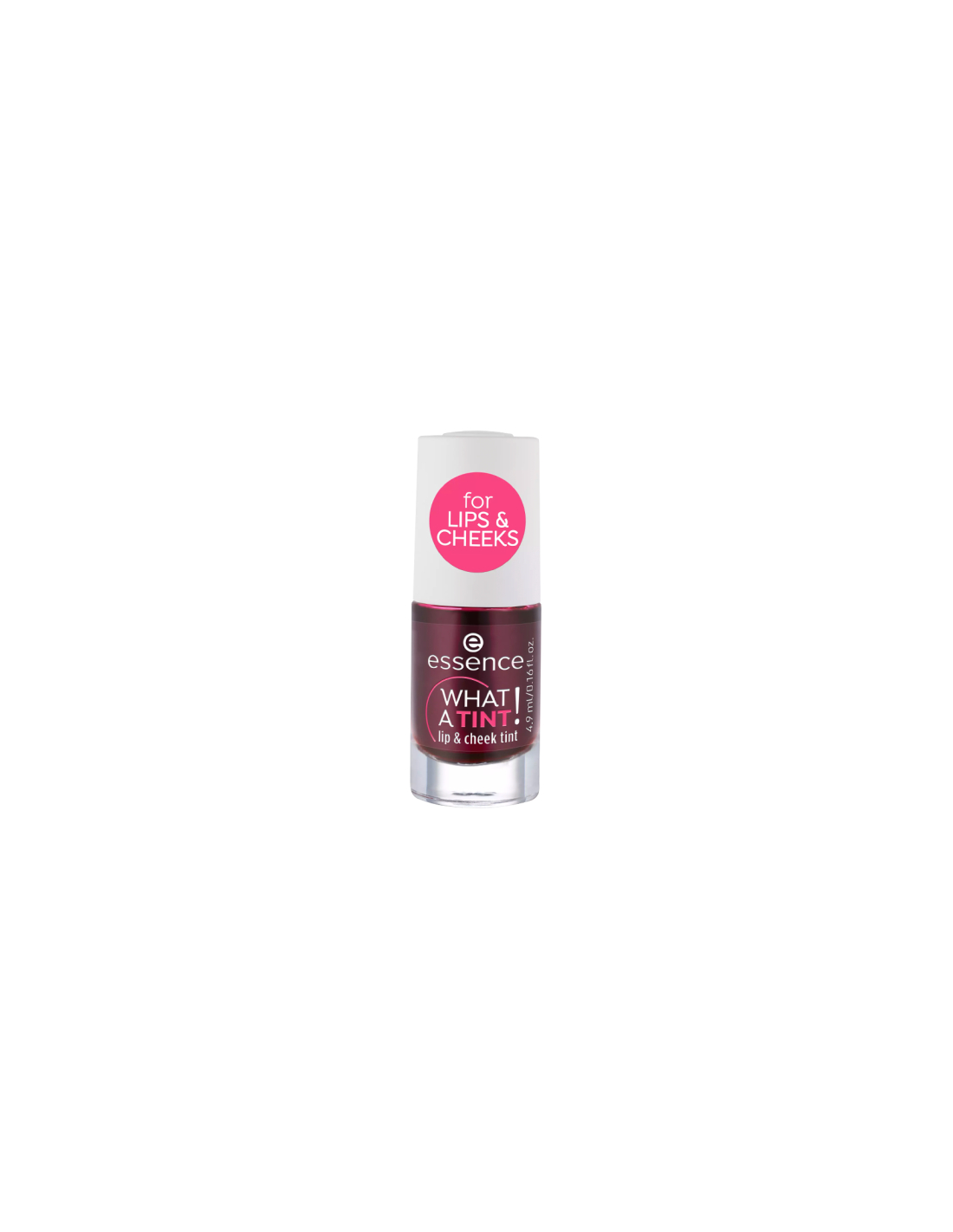 Essence Cosmetics What A Tint! lip and cheek tint in shade 01 Kiss From A Rose, 4.9ml, with the product bottle and applicator visible.