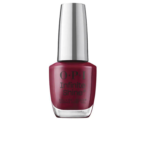Long-lasting OPI Infinite Shine gel-effect nail polish in Malaga Wine 15ml by Jag Couture London - New York, displayed on a nail polish bottle.