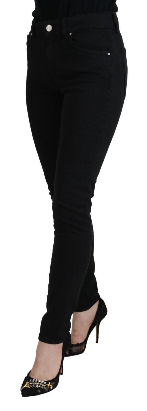 Black cotton high waist casual denim jeans by Dolce & Gabbana, shown with front and back view.