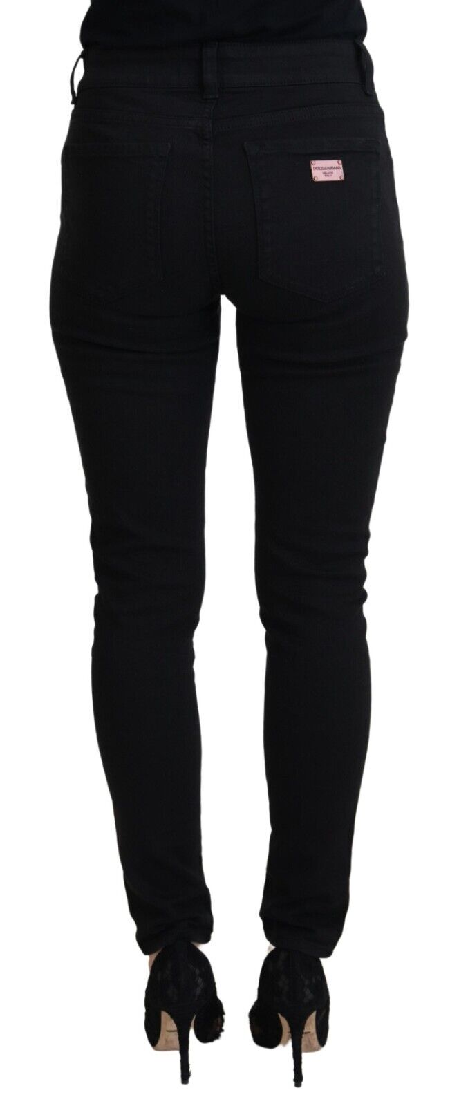 Black cotton high waist casual denim jeans by Dolce & Gabbana, shown with a fitted silhouette and classic five-pocket design.