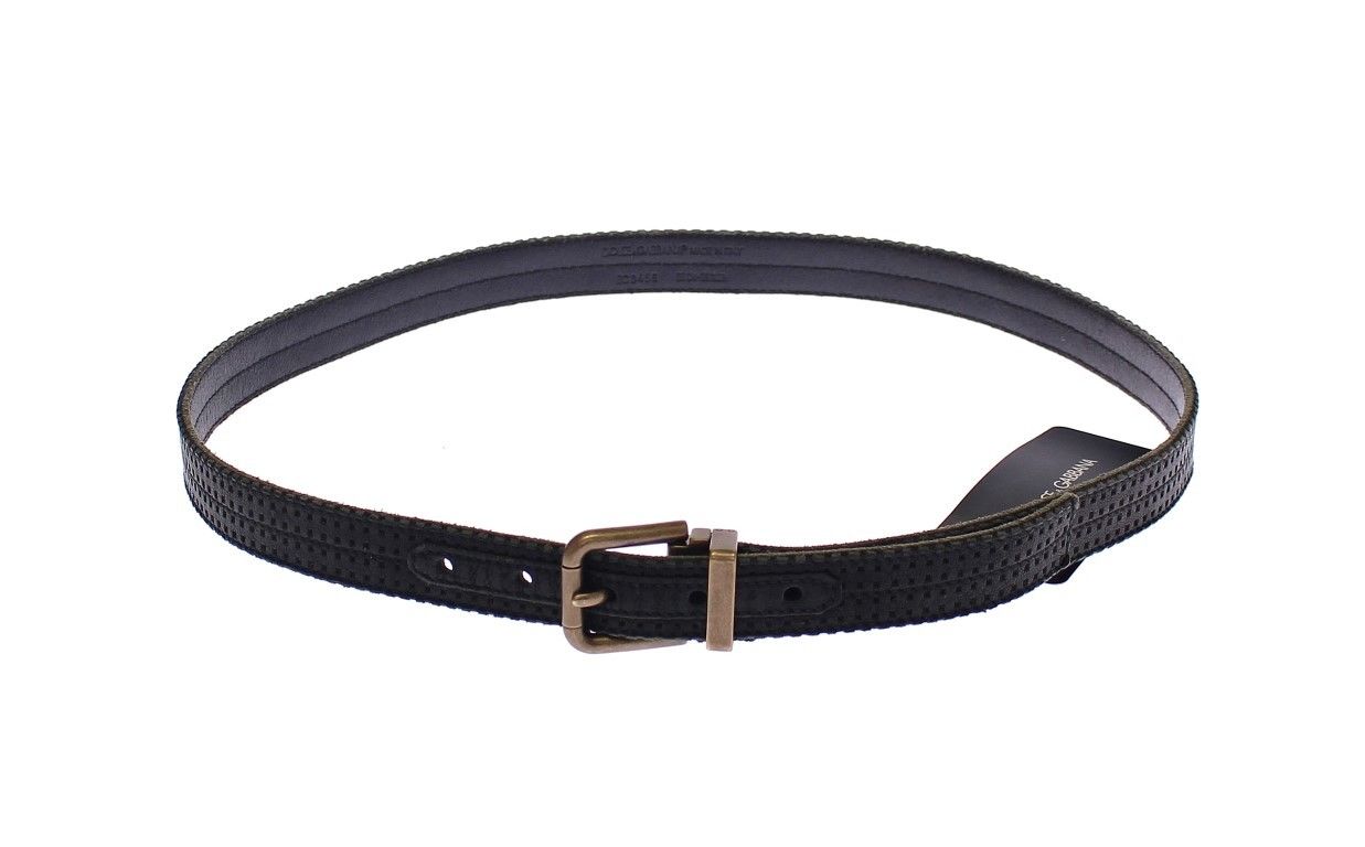 Blue leather Dolce & Gabbana logo belt with metal buckle and embossed branding, stylish accessory for men and women.