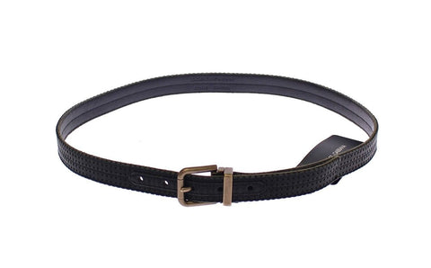 Blue leather Dolce & Gabbana logo belt with metal buckle and embossed branding, stylish accessory for men and women.