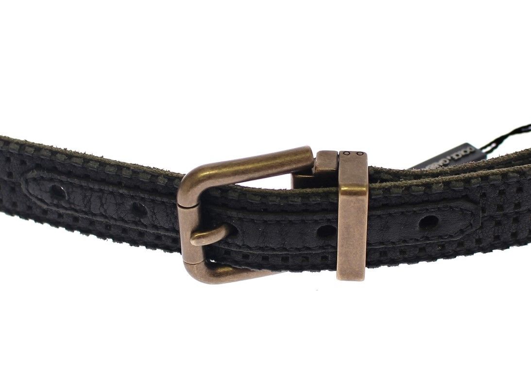 Blue leather Dolce & Gabbana logo belt with gold buckle, featuring the signature D&G emblem and sleek, stylish design.