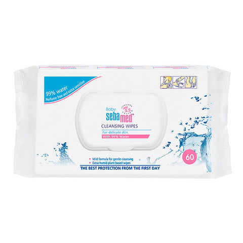 Sebamed Baby Toallitas Limpiadoras, 60 wipes, gentle cleansing for delicate baby skin, packaged in a resealable pouch.