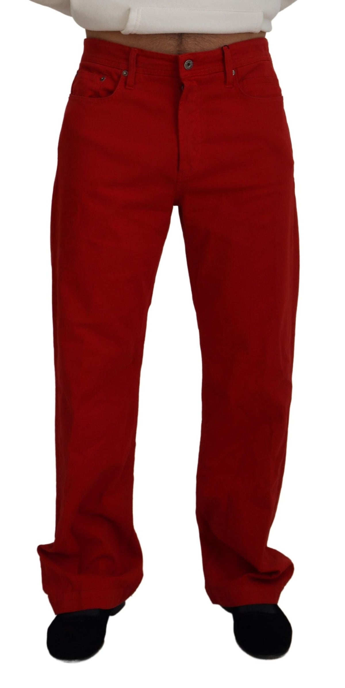 Red cotton straight fit men's denim jeans by Dolce & Gabbana, showing the front view with classic five-pocket design.