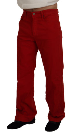 Red cotton straight fit denim jeans for men by Dolce & Gabbana, displayed flat with visible stitching and classic five-pocket design.