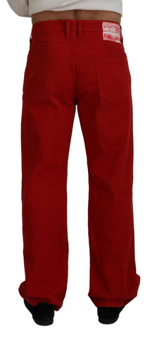 Red cotton straight fit men's denim jeans by Dolce & Gabbana, shown hanging with front and back views.