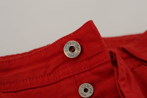 Red cotton straight fit men's denim jeans by Dolce & Gabbana, shown with front pockets and classic stitching.