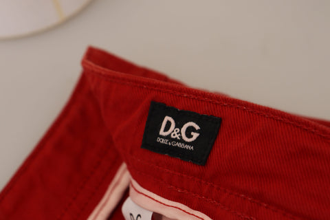 Red cotton straight fit denim jeans for men by Dolce & Gabbana, shown in a front view highlighting the classic design and fit.