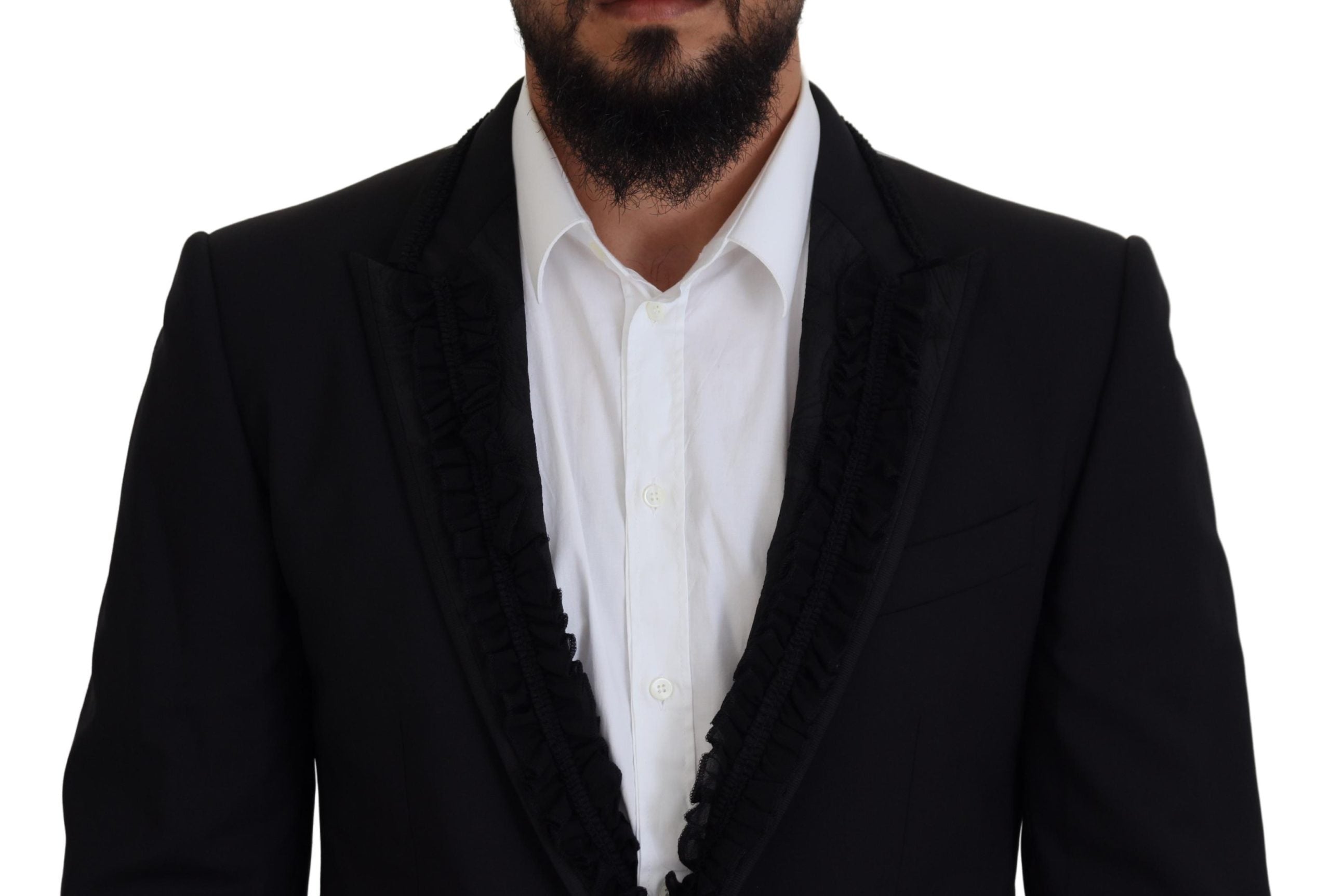 Black Dolce & Gabbana Martini slim fit blazer jacket with notched lapels and tailored fit, shown on a mannequin.