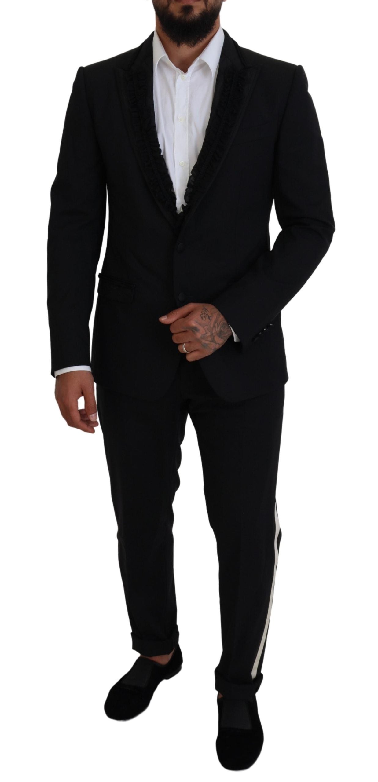 Black Dolce & Gabbana Martini Slim Fit Jacket blazer with structured lapels and tailored design, shown on a hanger.